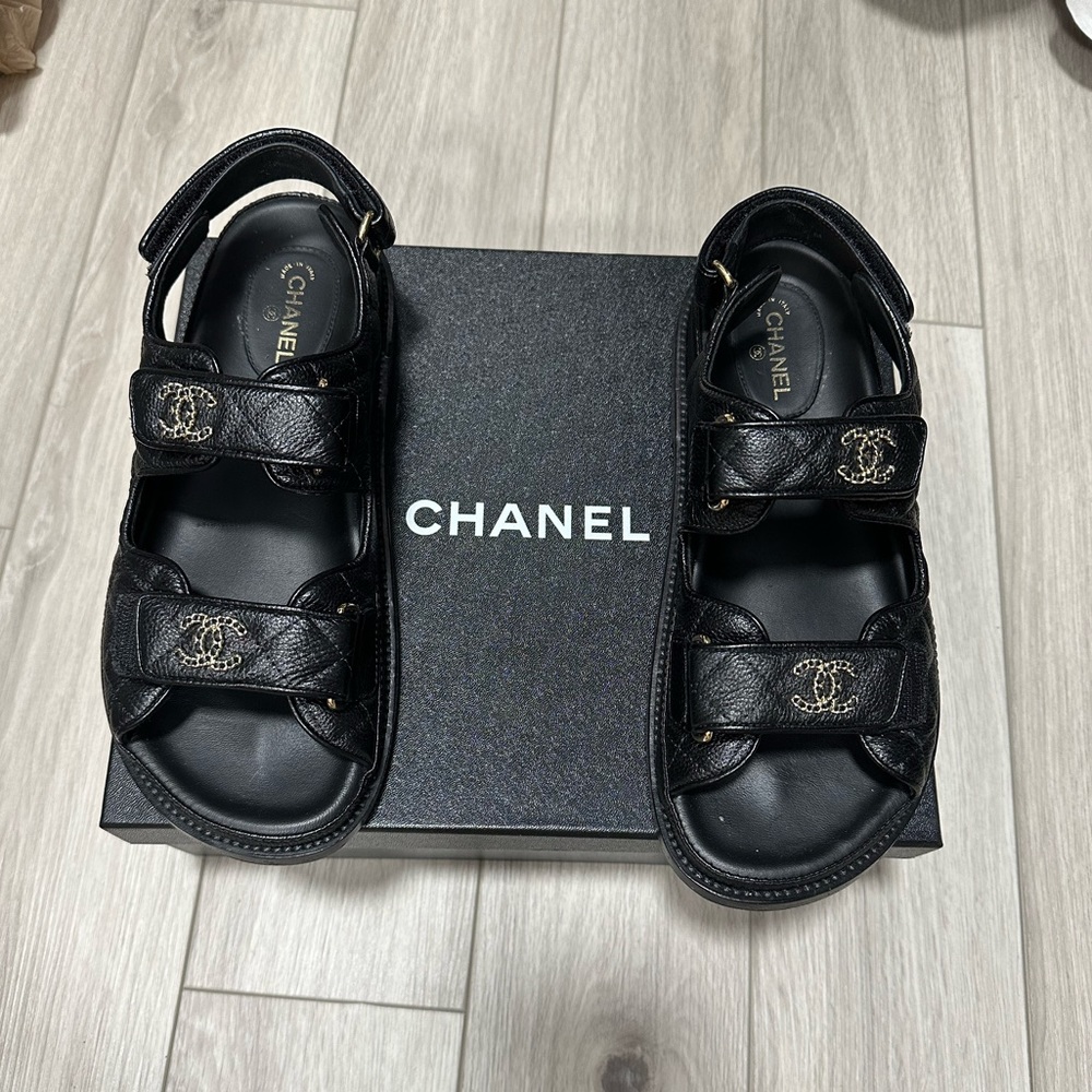 Chanel Dad Sandals - black leather with gold hardware